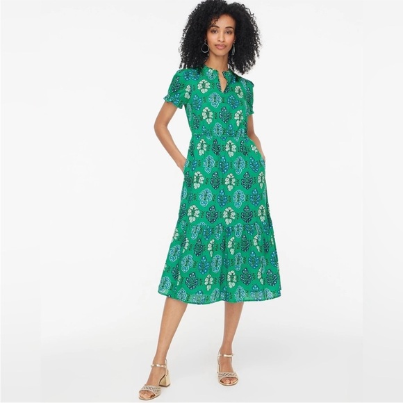 J. Crew Factory floral Printed ruffleneck puff-sleeve cotton midi dress size 2 - Picture 1 of 12